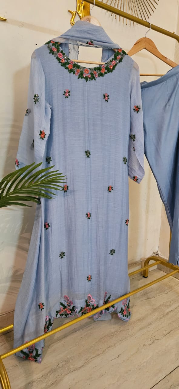 Powder Blue Blossom – Mul Chanderi Kurti Set