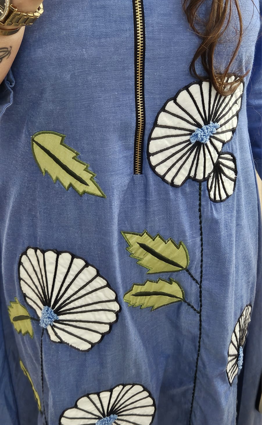 Denim Luxe Appliqué Zip Dress (Blue)