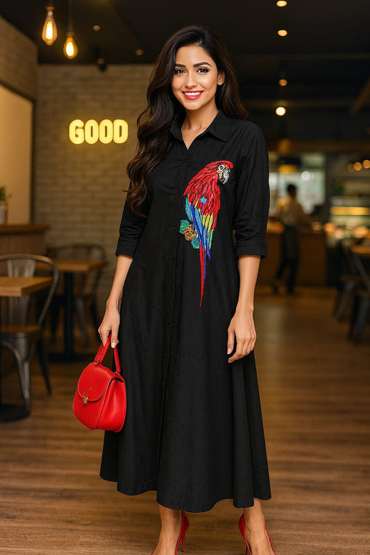 Parrot Embroidered Cotton Midi Dress (Black)