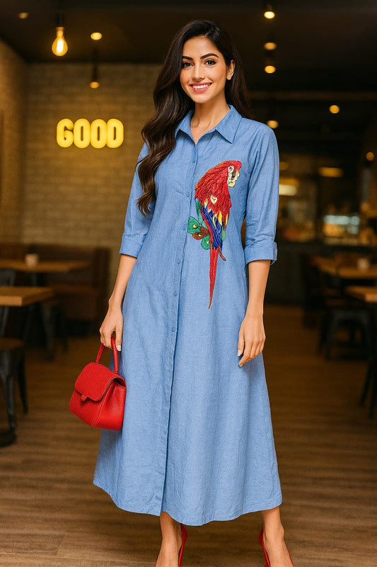 Parrot Embroidered Cotton Midi Dress (Blue)