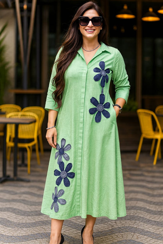 Organic Charm – Pure Cotton Midi Dress (Green)