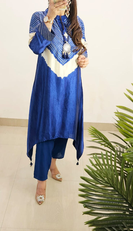 Shibori Charm – Pure Gajji Silk C-Cut Kurta Set (Blue)