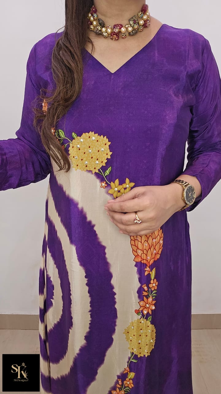 Beaded Elegance – Pure Crepe C-Cut Kurta Set (Purple)