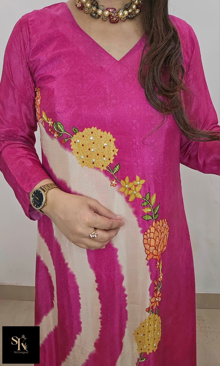 Beaded Elegance – Pure Crepe C-Cut Kurta Set (Pink)