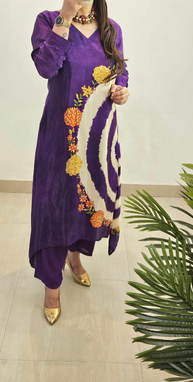 Beaded Elegance – Pure Crepe C-Cut Kurta Set (Purple)