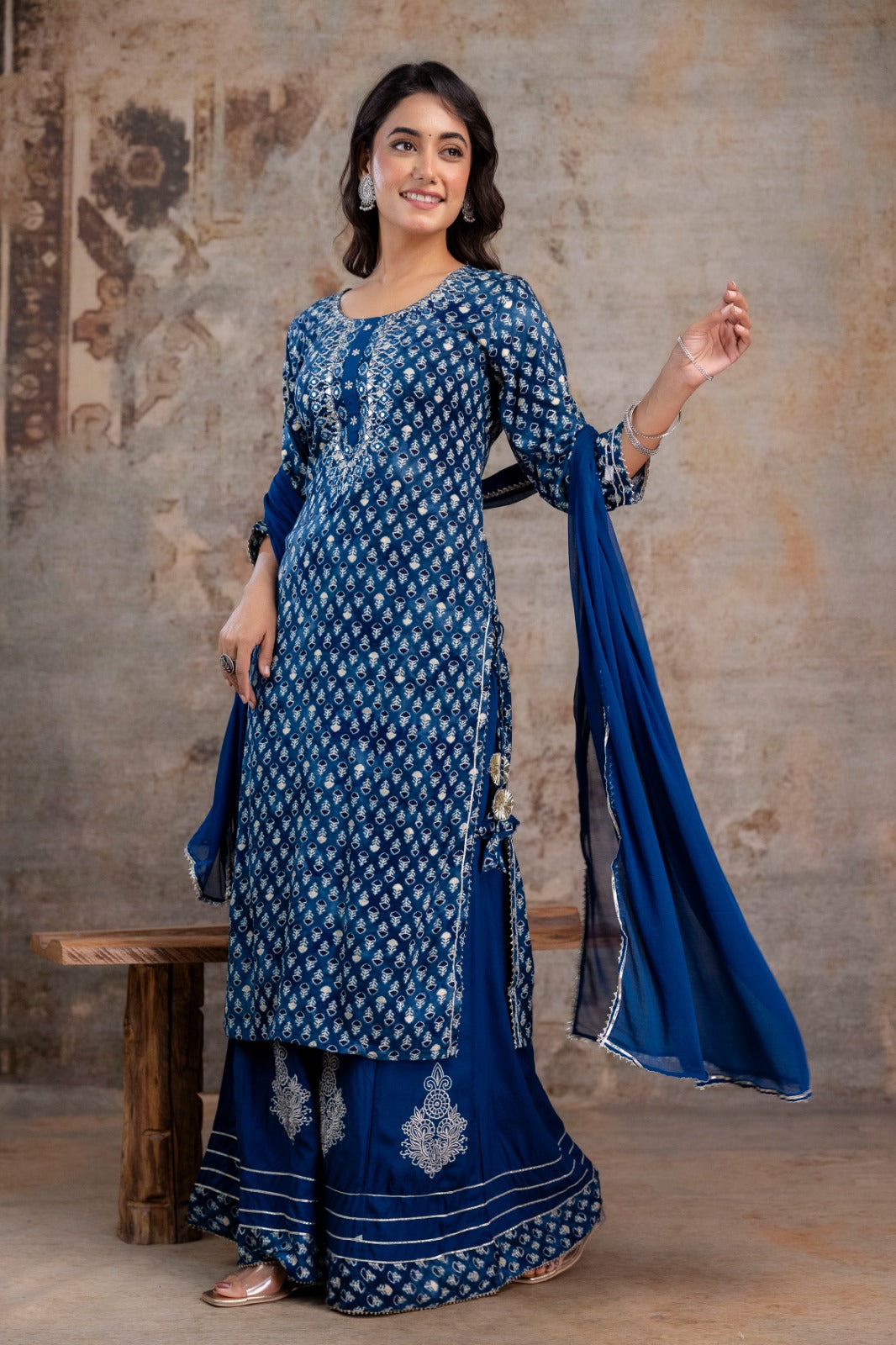 Embroidered Cotton Rayon Sharara Set (Blue)