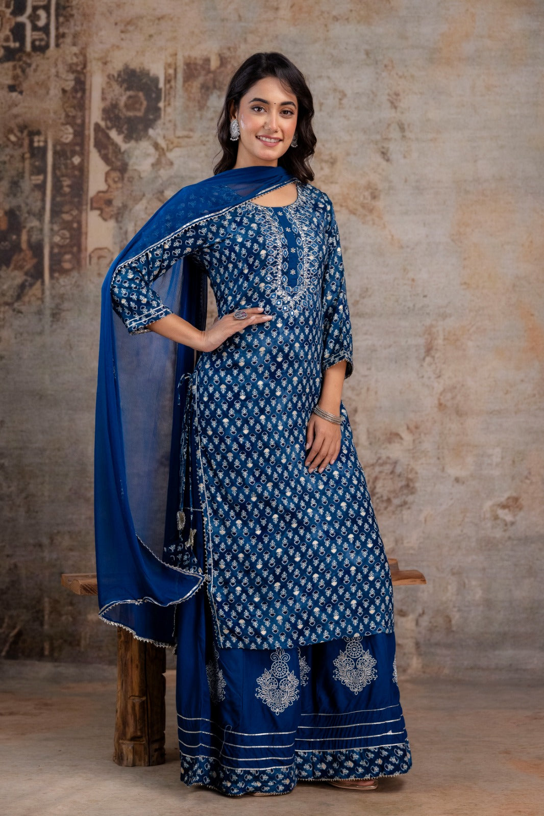 Embroidered Cotton Rayon Sharara Set (Blue)