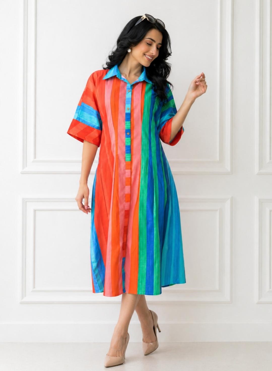 Rainbow Stripes Cotton Midi Dress