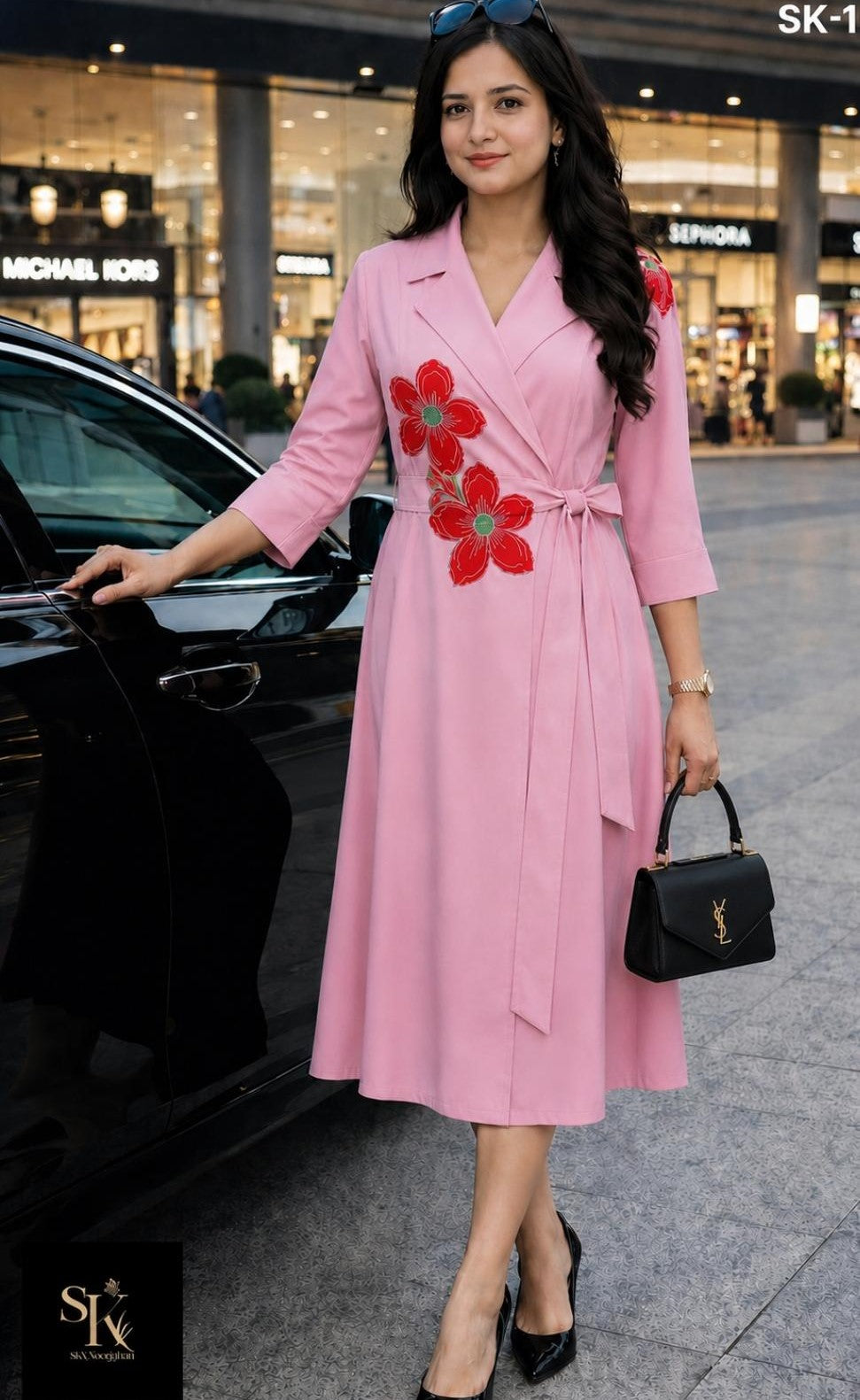 Wrap Blossom Appliqué Dress (Pink)