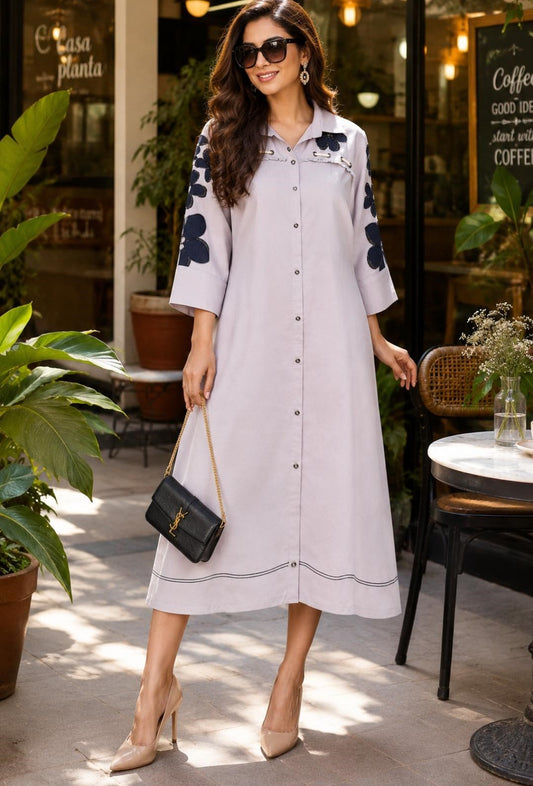 Denim Luxe Bloom Dress (Light Grey)