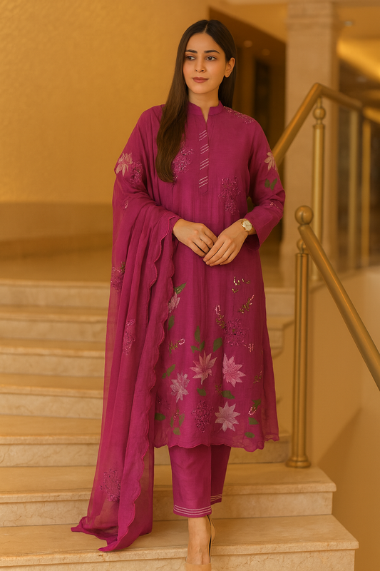 Elegance in Bloom – Mul Chanderi Cutwork Set (Pink)