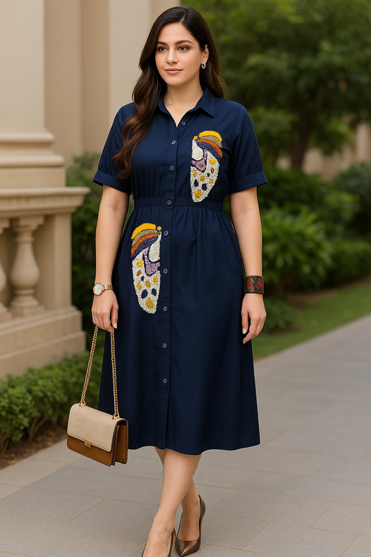 Summer Vacation Cotton Midi Dress (Navy Blue)