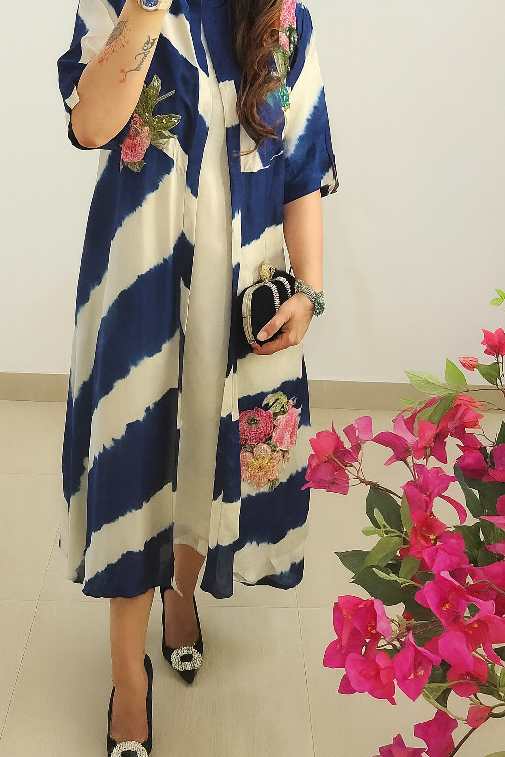 Pearl Appliqué Tie-Dye Jacket Set (Blue)