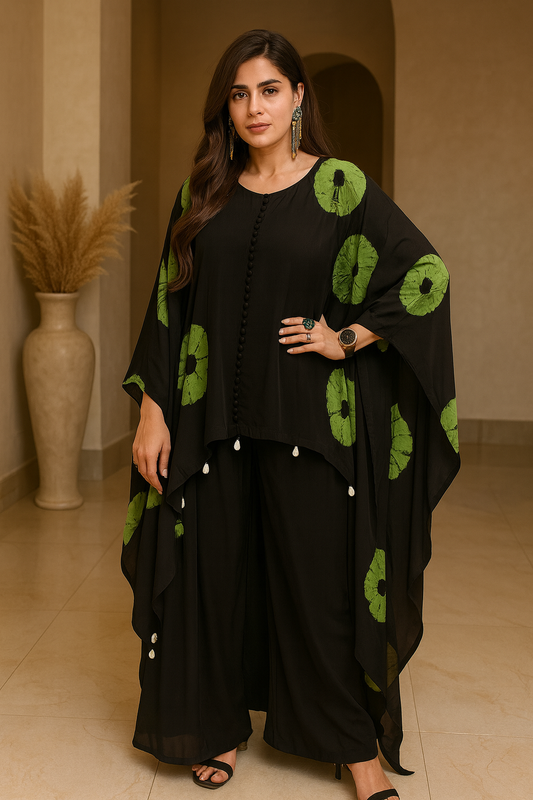 Midnight Aura – Tie & Dye Indo-Western Cape Set (Green)