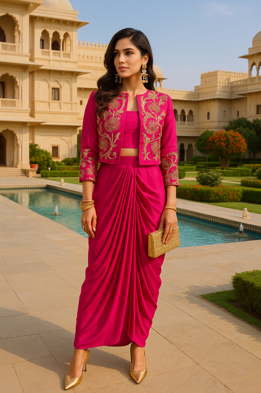 “Royal Aura Party Drape Set” — Pure Crepe Luxe Edit (Pink)