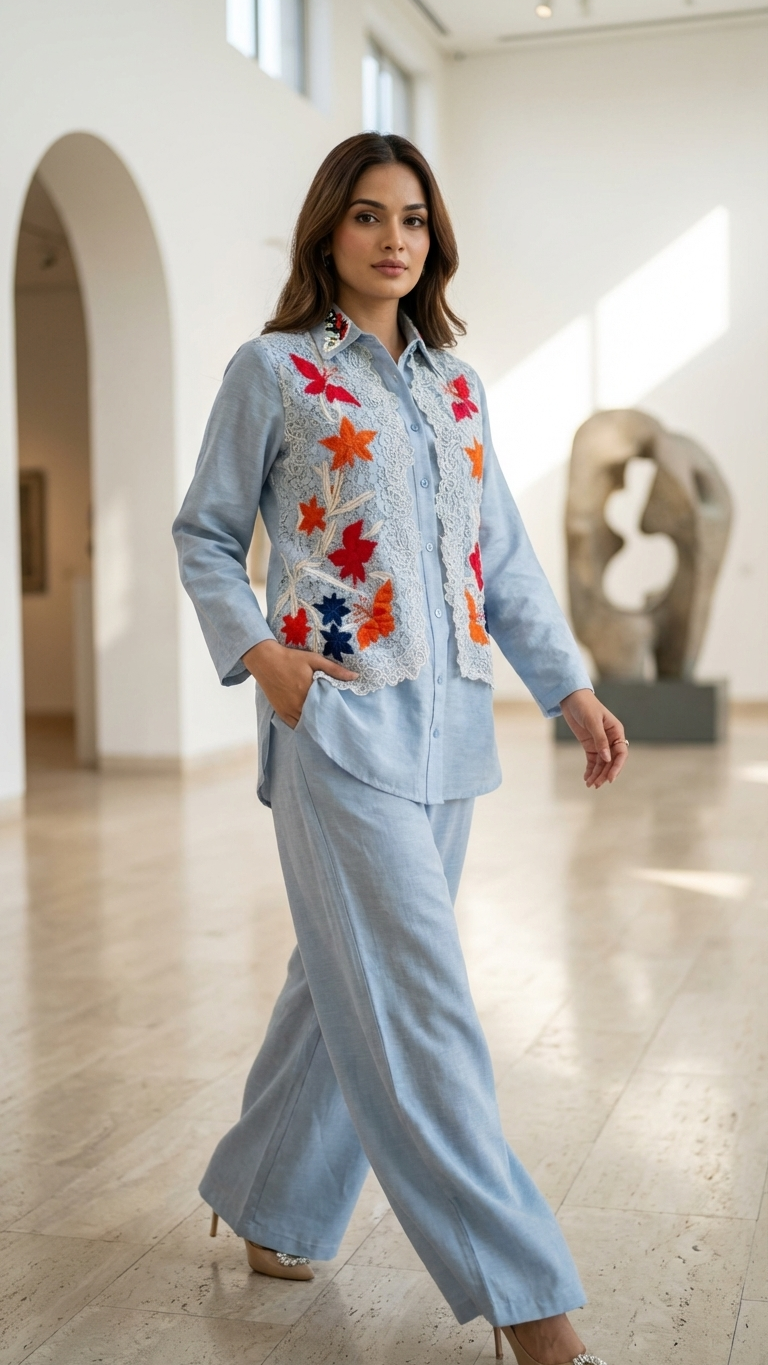 Pure Dola Silk Designer Co-Ord Set with Cutwork & Appliqué