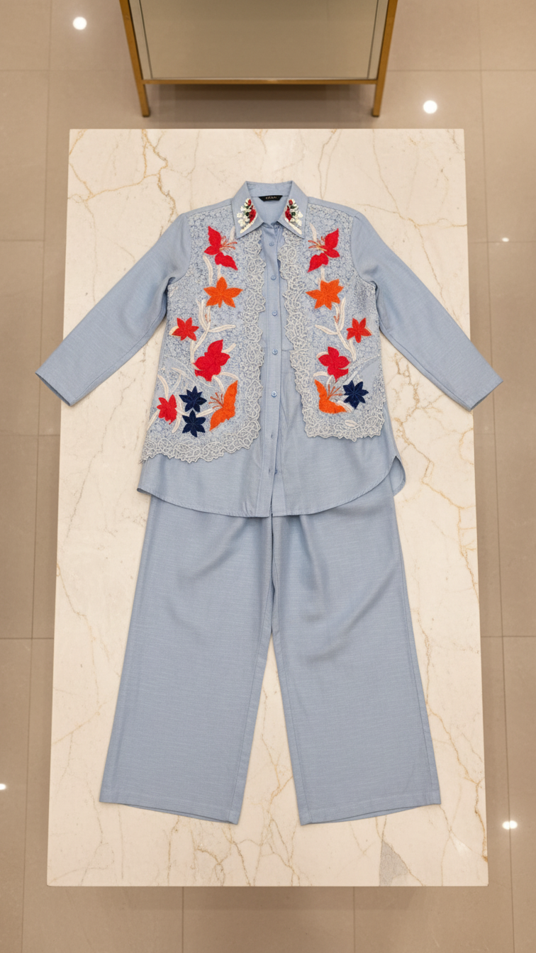 Pure Dola Silk Designer Co-Ord Set with Cutwork & Appliqué