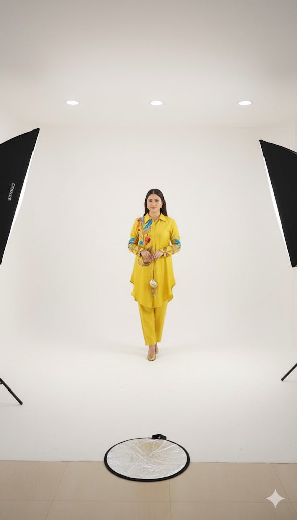 Royal Luxe Russian Silk Appliqué Co-ord Set (Yellow)