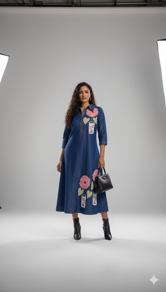 Denim Appliqué Midi Dress
