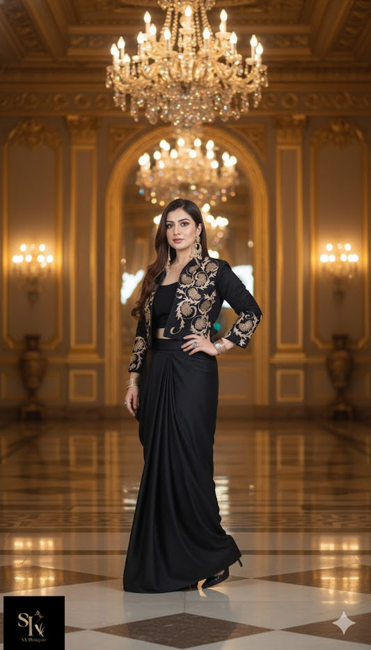 “Royal Aura Party Drape Set” — Pure Crepe Luxe Edit (Black)