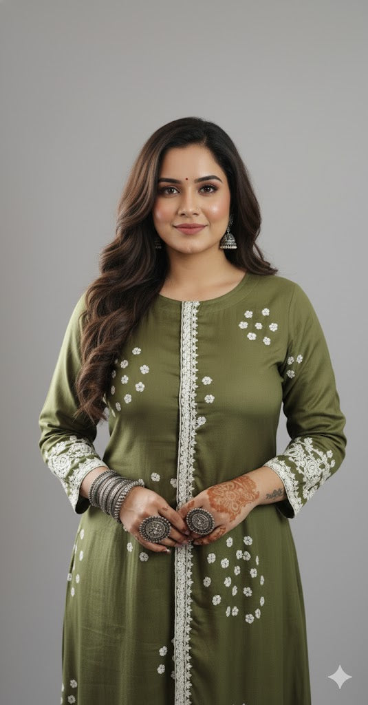 Muslin Silk Bandhej Kurta Set with Thread Embroidery (Green)