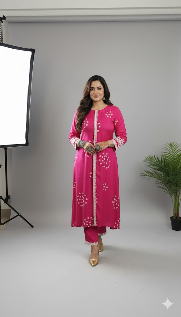 Muslin Silk Bandhej Kurta Set with Thread Embroidery (Pink)