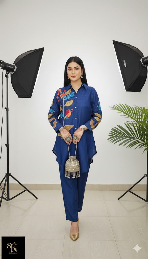 Royal Luxe Russian Silk Appliqué Co-ord Set (Blue)