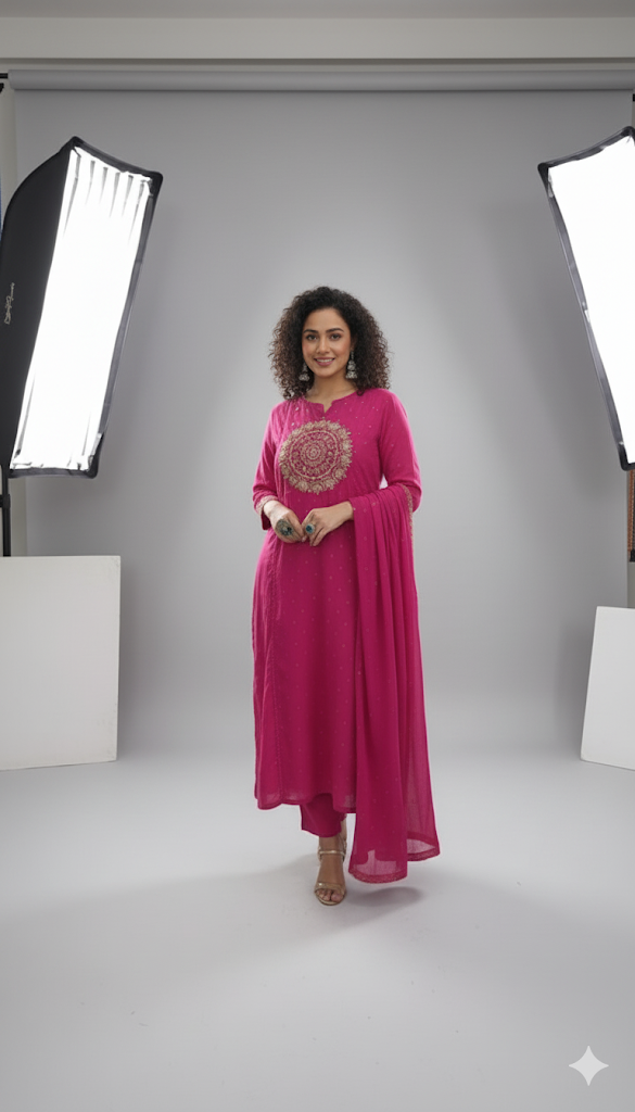 Royal Zari Charm – Mul Cotton Kurta Set (Pink)