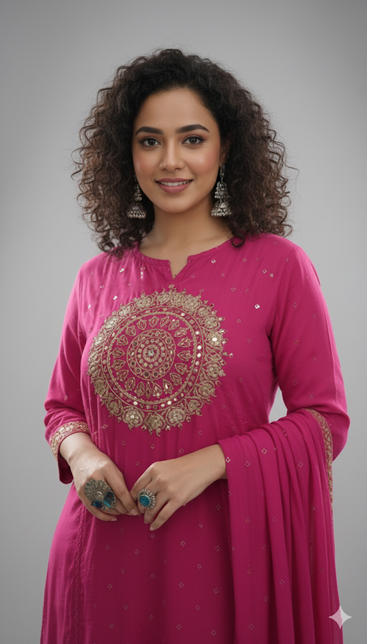 Royal Zari Charm – Mul Cotton Kurta Set (Pink)