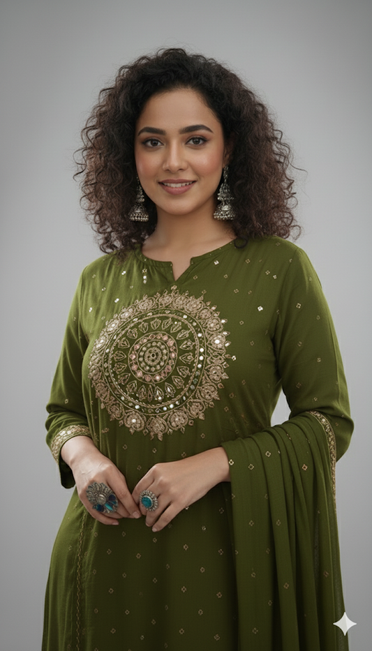 Royal Zari Charm – Mul Cotton Kurta Set (Green)