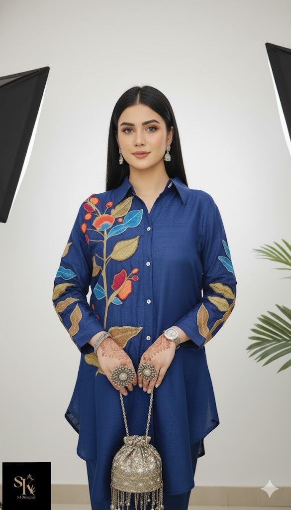 Royal Luxe Russian Silk Appliqué Co-ord Set (Blue)