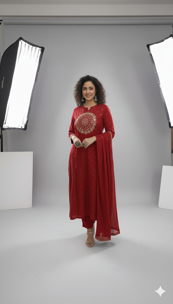 Royal Zari Charm – Mul Cotton Kurta Set (Red)