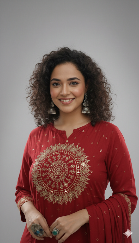 Royal Zari Charm – Mul Cotton Kurta Set (Red)