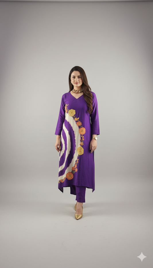 Beaded Elegance – Pure Crepe C-Cut Kurta Set (Purple)