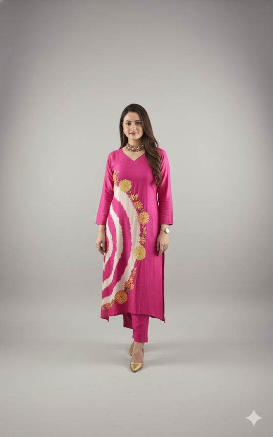 Beaded Elegance – Pure Crepe C-Cut Kurta Set (Pink)