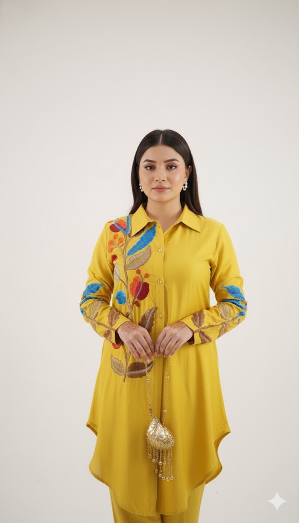 Royal Luxe Russian Silk Appliqué Co-ord Set (Yellow)